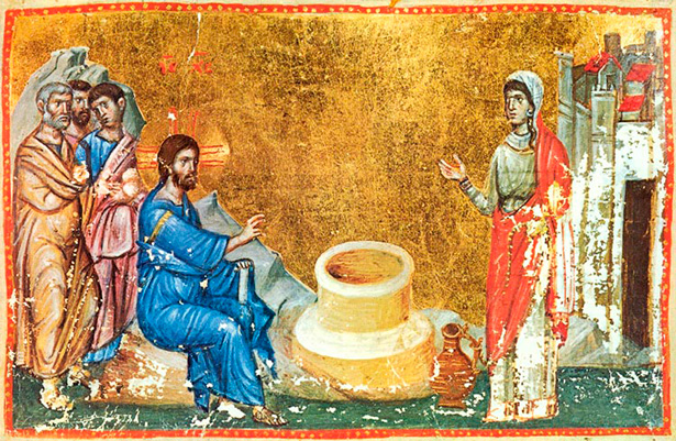 Христос и Самарянка. Миниатюра XIII в. Иверский монастырь, Афон.