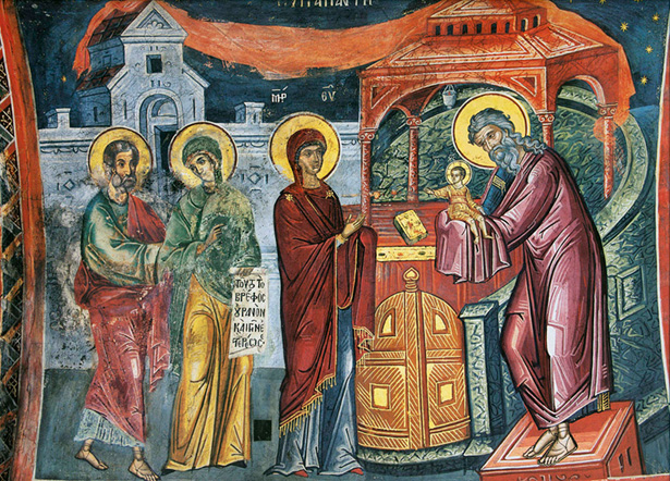 Сретение Господне. Фреска монастыря Дионисиат, Афон.